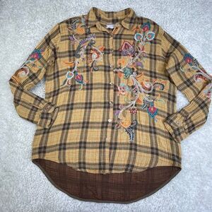Johnny Was Workshop Plaid Embroidered Floral Button Front Long Sleeve Shirt